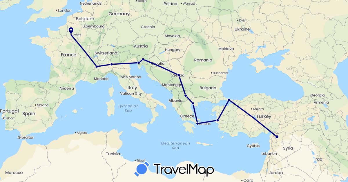 TravelMap itinerary: driving in France, Greece, Italy, Macedonia, Serbia, Slovenia, Syria, Turkey (Asia, Europe)